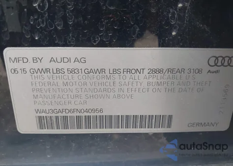 2015 Audi A8 L 3.0T из США, поврежденный, VIN WAU3GAFD6FN040956